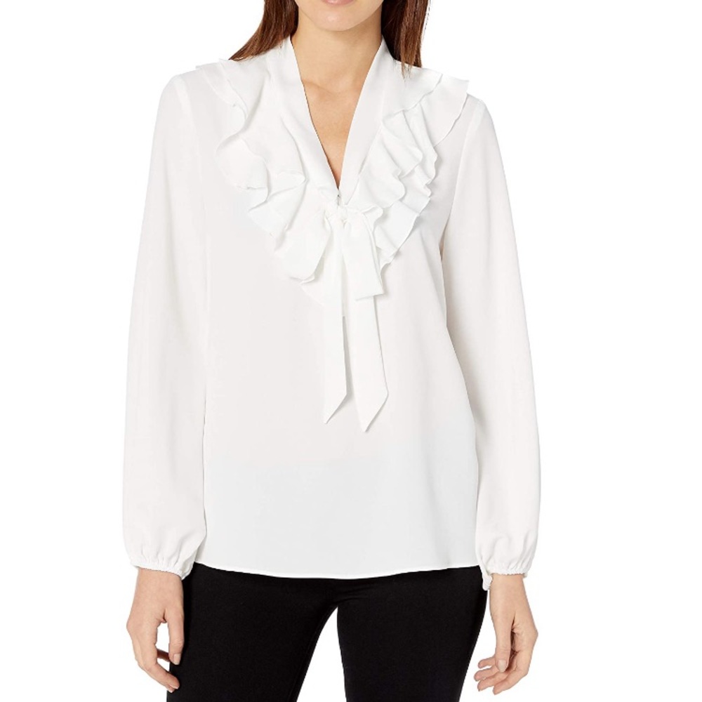 Women's White Ruffle Tie-Neck Blouse